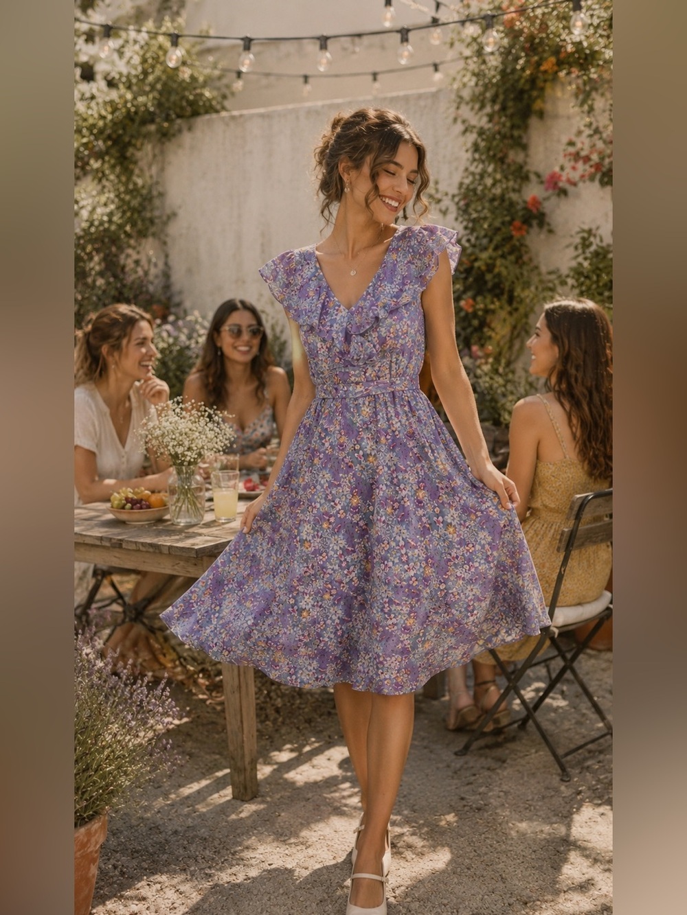 Nina Leonard Floral Ruffle V-Neck Purple Sundress / XL